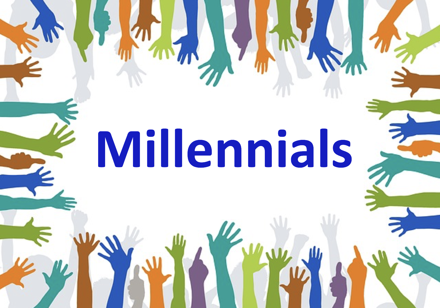 Image of hands all around the edge with the word Millennial in the middle
